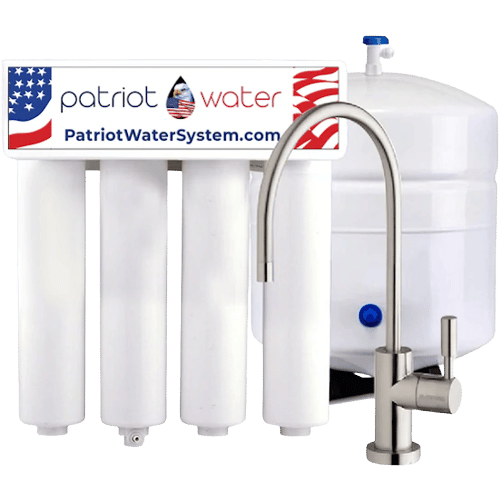A Patriot Water System featuring four white filter cartridges, a storage tank with a blue valve, and a silver faucet, designed for water filtration.