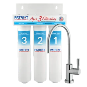 A three-stage Water Filtration System labeled "Aqua 3" with filter stages numbered 1, 2, and 3, and a silver faucet on the right.
