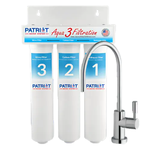 A three-stage Water Filtration System labeled "Aqua 3" with filter stages numbered 1, 2, and 3, and a silver faucet on the right.
