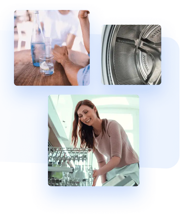Three images of a woman using a washing machine to clean clothes.
