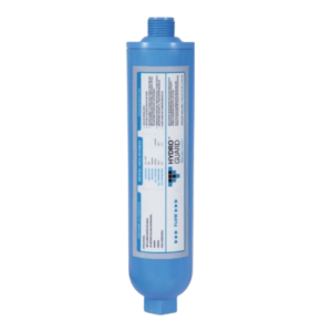 A blue inline water filter cartridge labeled "Hydro Guard™ HDG-RV40045 Scale Reduction Filter" with text instructions, a directional flow arrow on the label, and featuring advanced scale reduction filter technology.