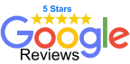 Image of Google's logo with five gold stars above it, text "5.0 Stars Google Reviews" below, and a mention of a Free Water Test Kit.