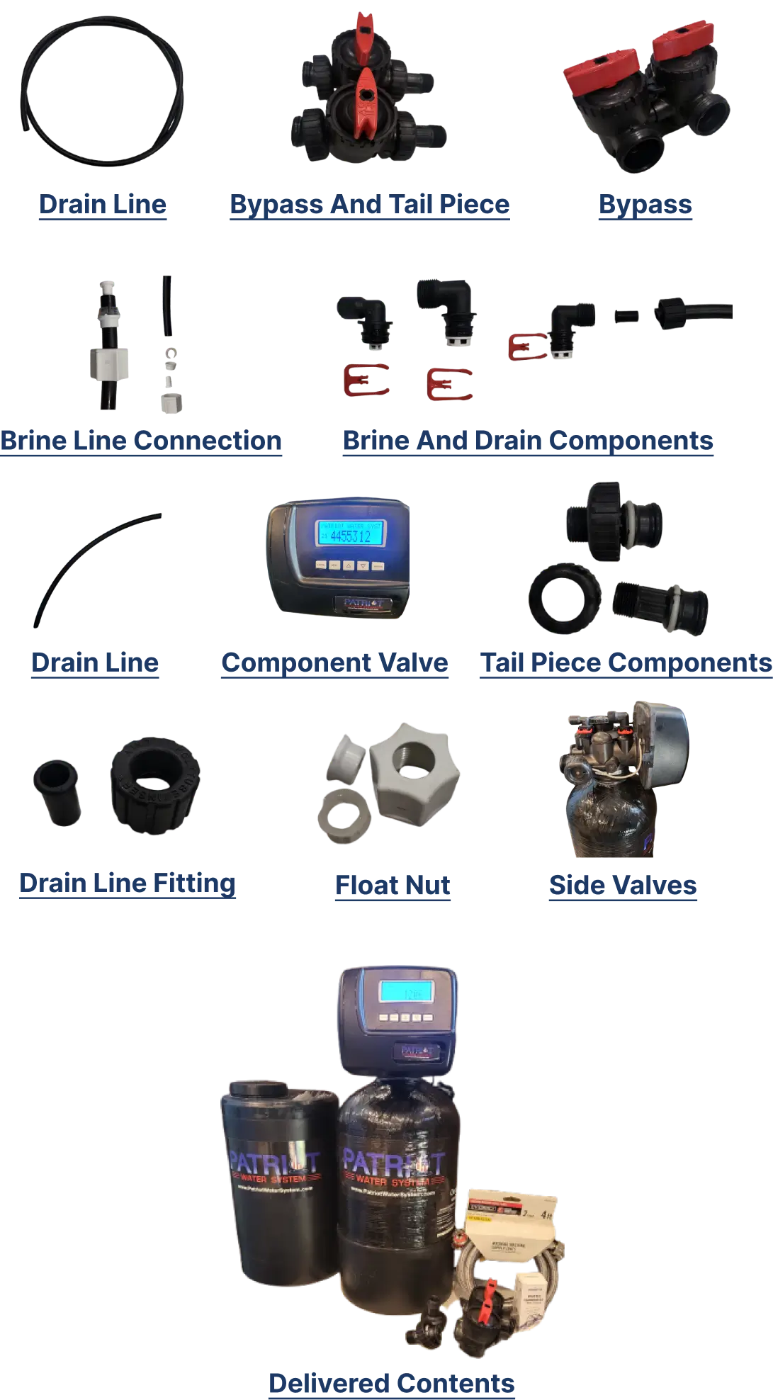 Various industrial components and equipment, including valves, connectors, RV water softener components, a digital display unit, and tanks, arranged in rows on a blue background.